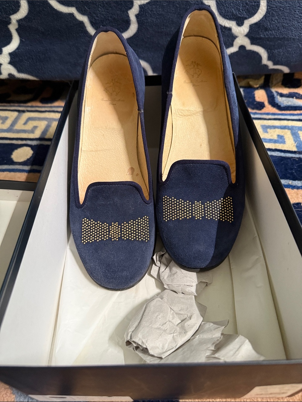 Brooks Brothers Navy Suede Studded Bow Loafers